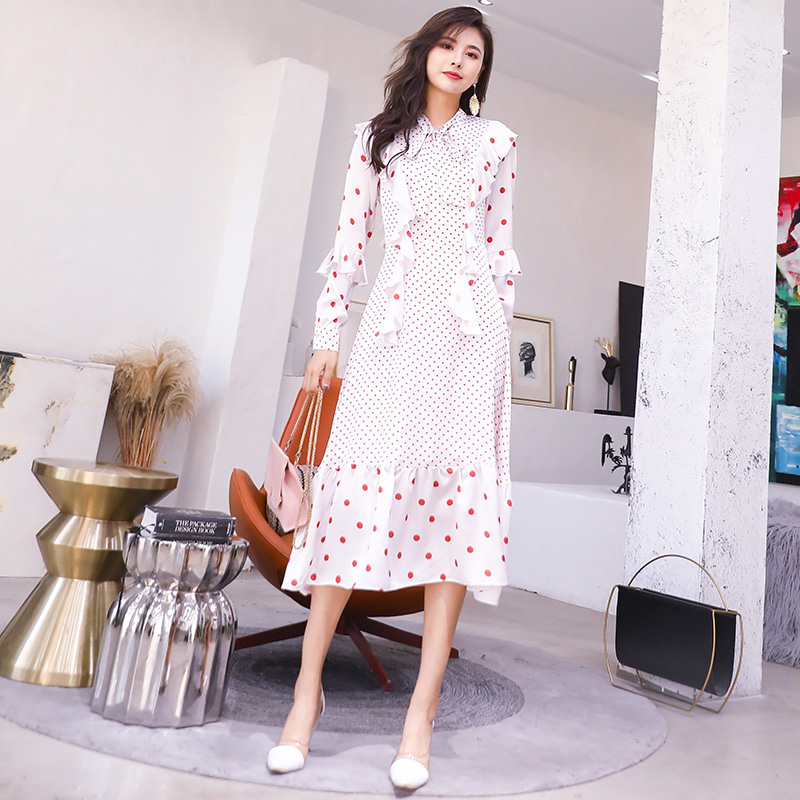名媛波點連衣裙早秋2018新款法式少女長裙氣質復古顯瘦初戀裙子潮