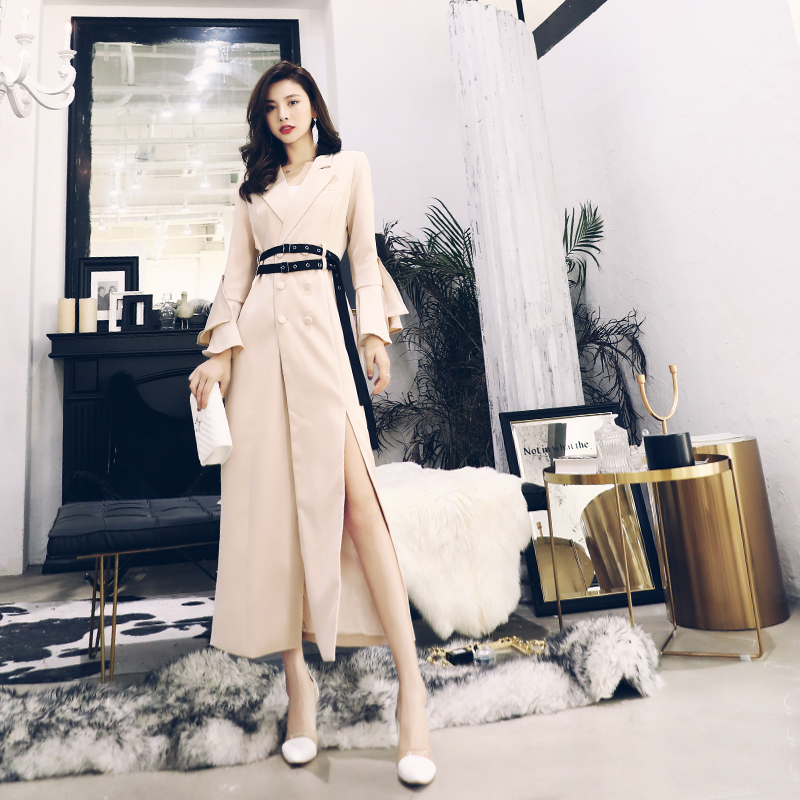 西裝風衣女中長款2018新款氣質修身顯瘦高開衩系帶收腰拉風外套女