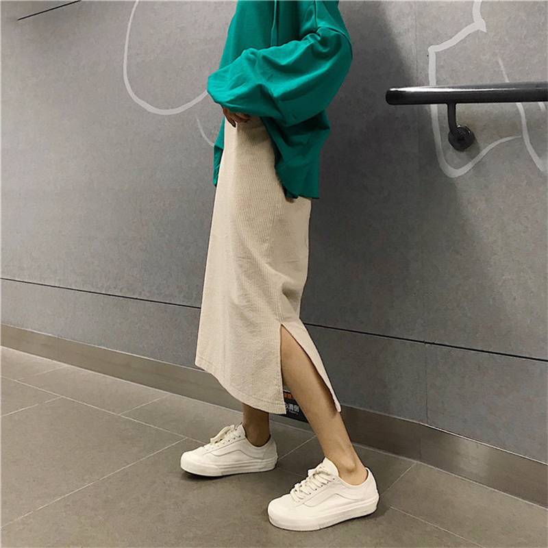 秋季女裝韓版顯瘦開叉高腰燈芯絨包裙臀中長款學生A字半身裙長裙