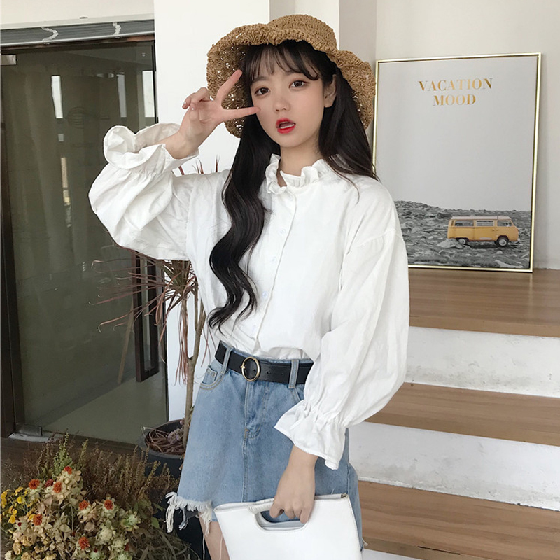 秋季女裝韓版小清新純色花邊立領襯衣上衣寬松燈籠袖長袖休閑襯衫