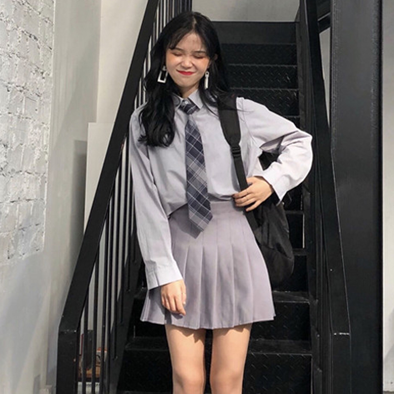 韓版時尚休閑套裝夏季長袖翻領襯衫+高腰百褶半身裙短裙兩件套女