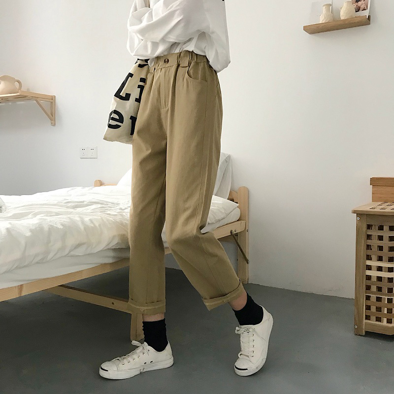 秋裝女裝韓版寬松百搭松緊腰直筒褲休閑褲高腰顯瘦闊腿褲九分褲潮