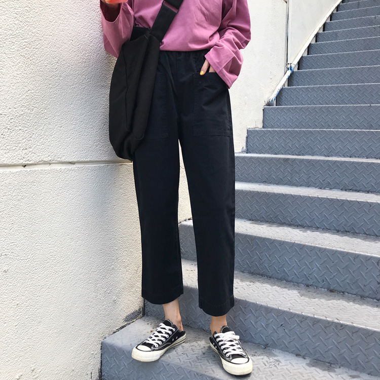 秋季女裝韓版BF風寬松工裝褲子九分褲松緊腰直筒褲闊腿褲休閑褲潮