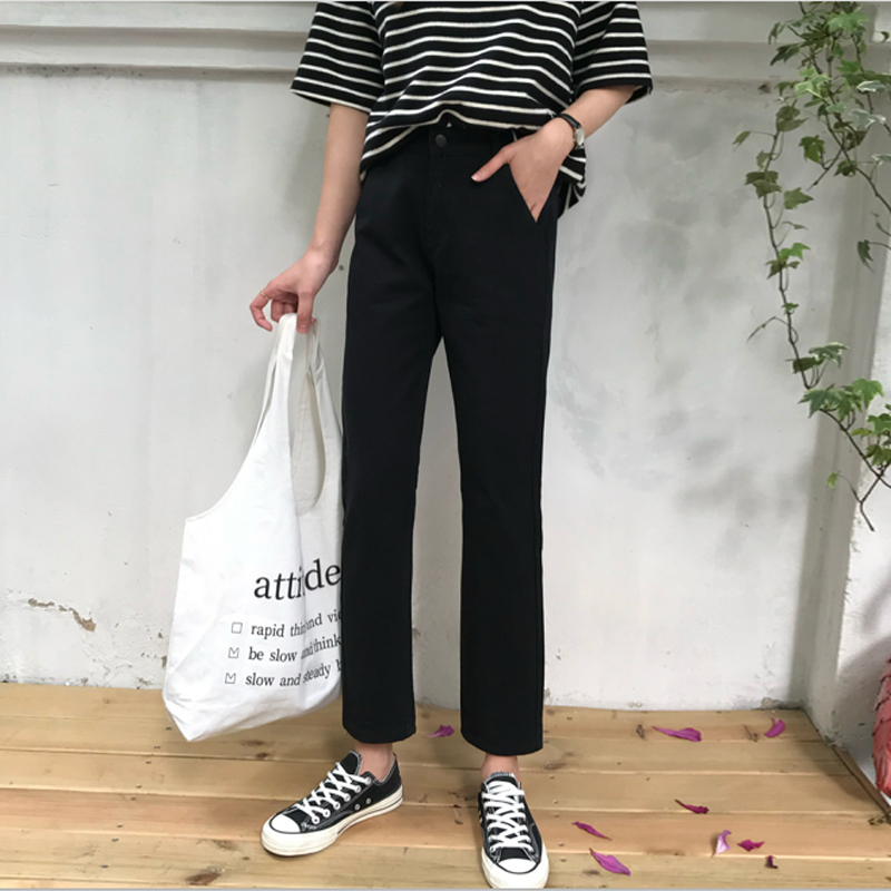 秋裝女裝韓版高腰寬松直筒褲九分褲顯瘦黑色牛仔褲闊腿褲長褲學生