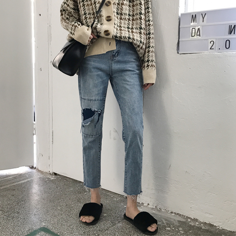 秋裝女裝韓版寬松高腰顯瘦破洞牛仔褲直筒褲九分褲學生闊腿褲長褲