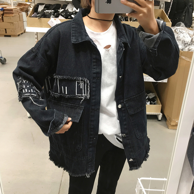 秋季女裝韓版時尚百搭BF風寬松磨破牛仔外套長袖休閑夾克開衫上衣