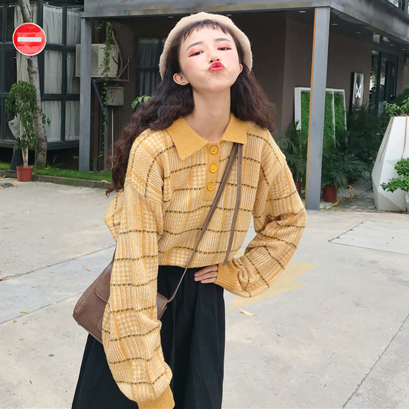 秋季女裝韓版BF風寬松POLO領黃色格紋毛衣長袖打底衫針織衫上衣潮
