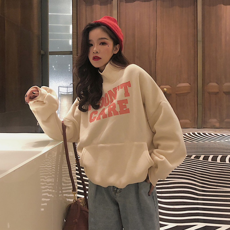 新款韓版時尚小清新字母印花chic秋冬女裝寬松長袖高領套頭衛衣潮