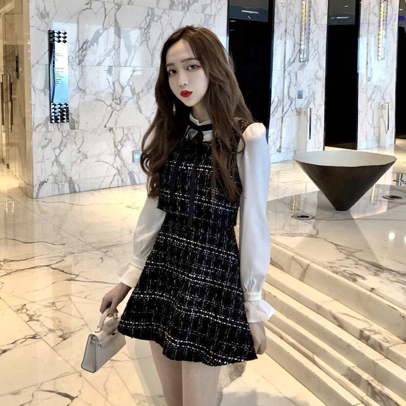 2018秋裝新款韓版顯瘦氣質小香風長袖假兩件裙子呢子套裝連衣裙潮