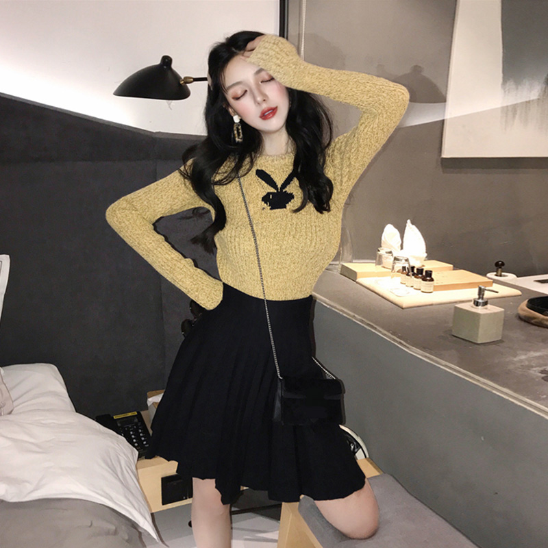 秋冬新款韓版顯瘦修身長袖毛線針織衫壓折高腰針織半身裙時尚套裝