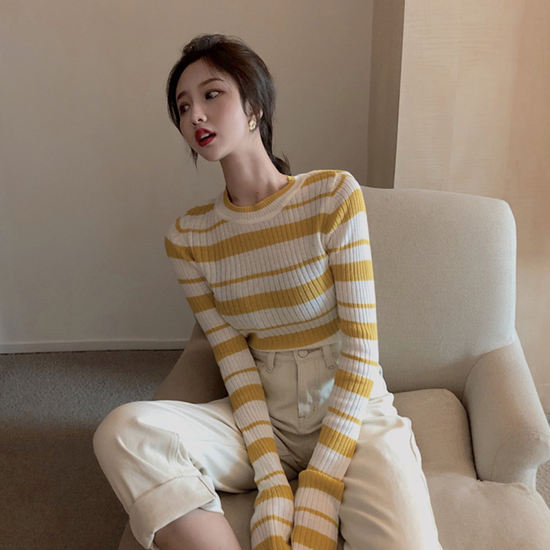 打底衫女秋冬季新款修身百搭柔軟條紋撞色長袖圓領保暖針織衫上衣