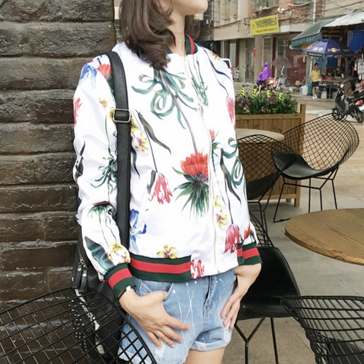 韓國chic復古街頭秋冬花朵印花撞色棒球服寬松情侶棒球外套女